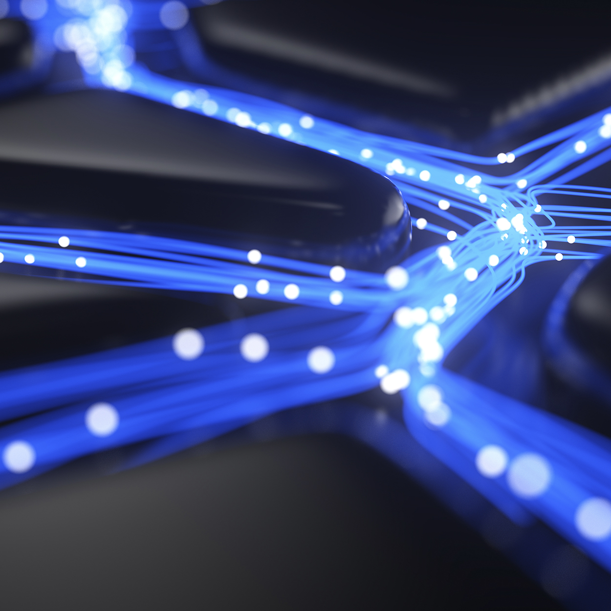 Abstract design featuring bright blue light illuminates the digital technology scene on a computer background.