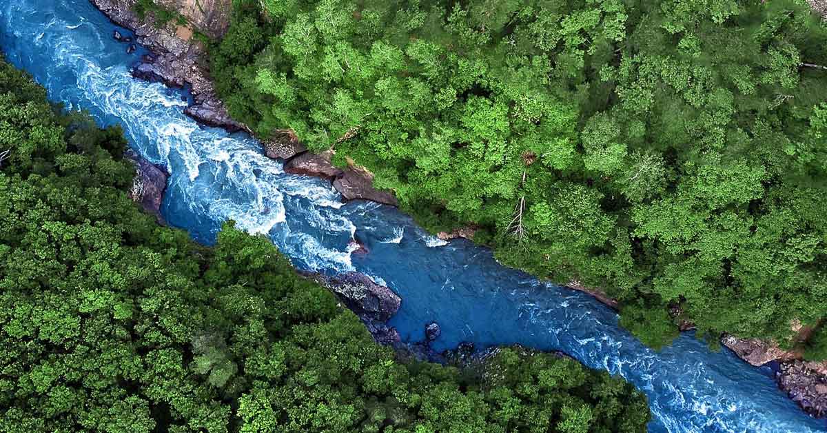 Ce paysage illustre la magnificence de la nature avec une montagne verte vibrante, une rivière sereine parsemée de roches et une cascade éblouissante.