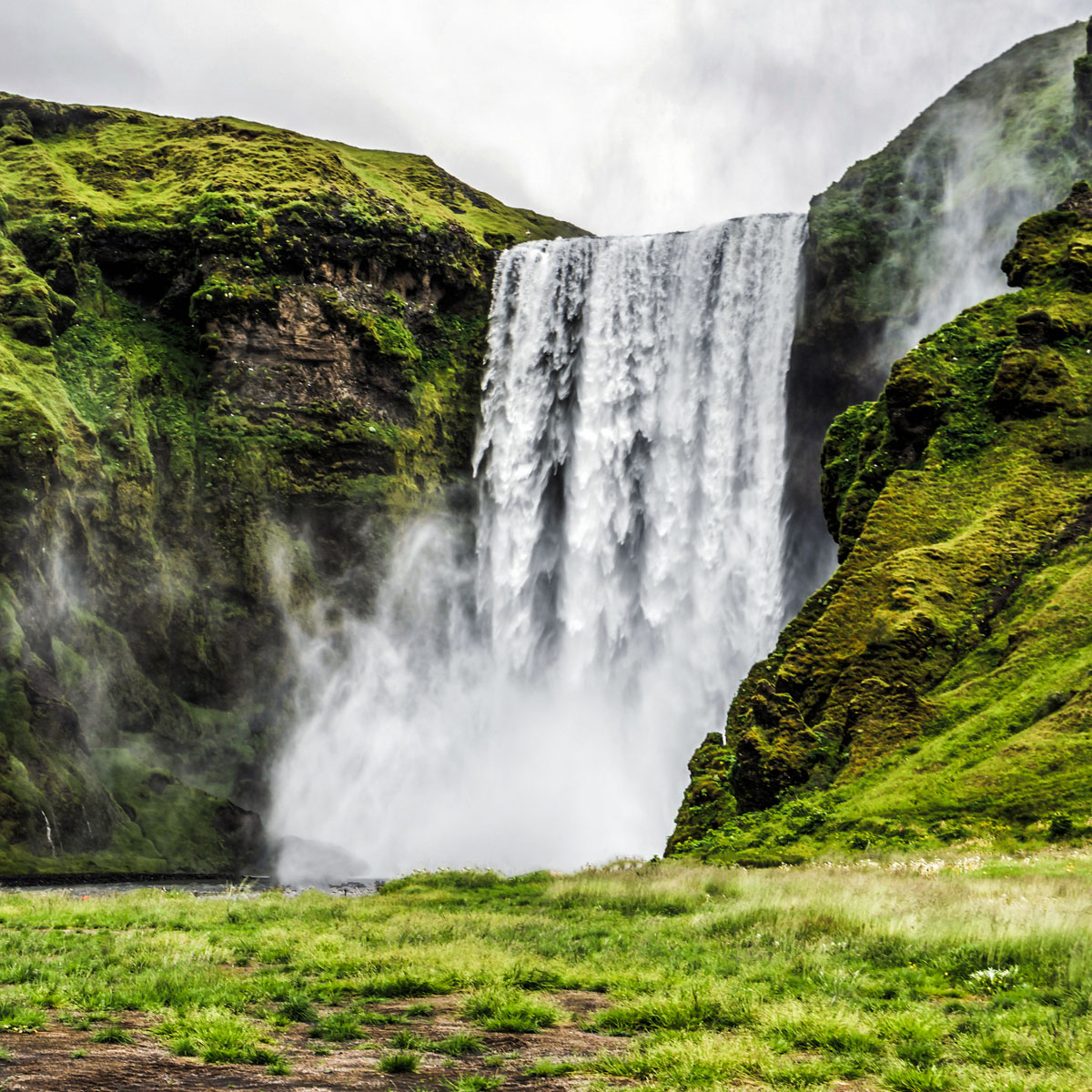 Ce paysage islandais présente une cascade sereine, une verdure luxuriante et une rivière qui coule sur des rochers.